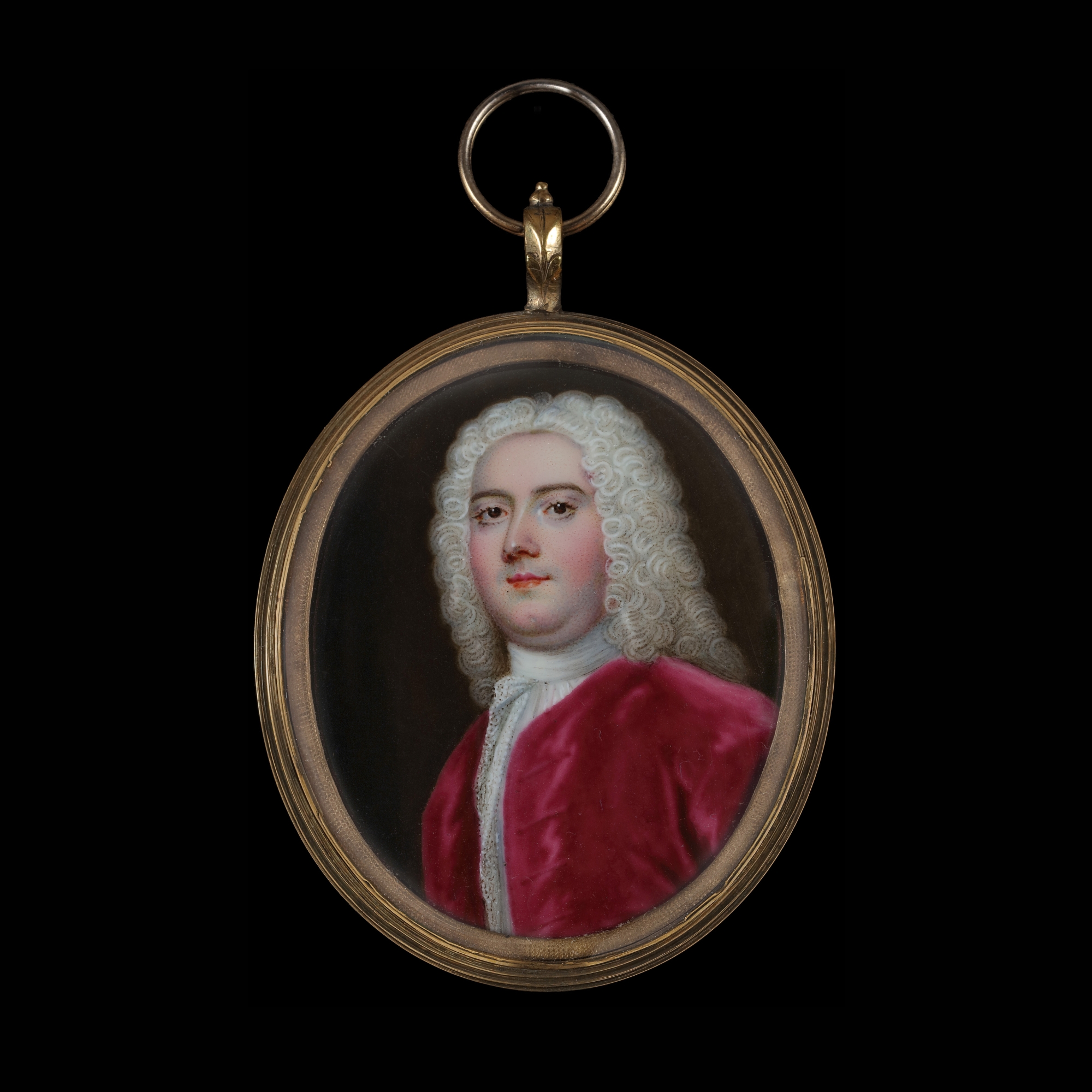 Portrait miniature of a Gentleman in crimson velvet jacket with a stock and lace jabot wearing a white wig